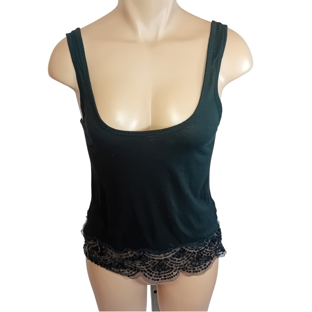 Y2K American Eagle Tank Top Black Sequin Lace Trim Scoop Neck‎ Cami Boho XS READ